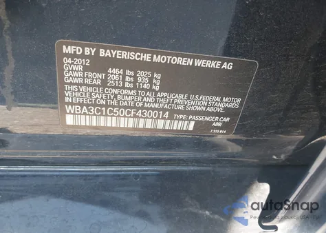 2012 BMW 328I z USA, uszkodzony, nr VIN WBA3C1C50CF430014